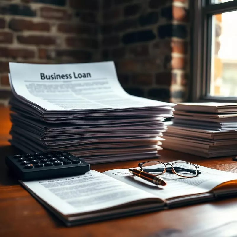 Business loan documents, calculator and pen on a wood desk