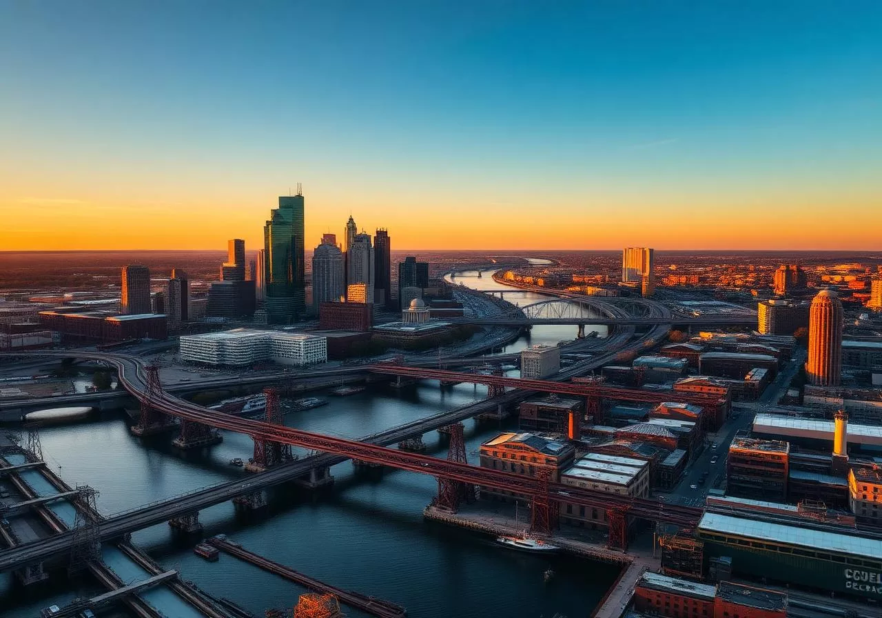 Aerial view of downtown Cleveland skyline with Cuyahoga River bridges at golden hour