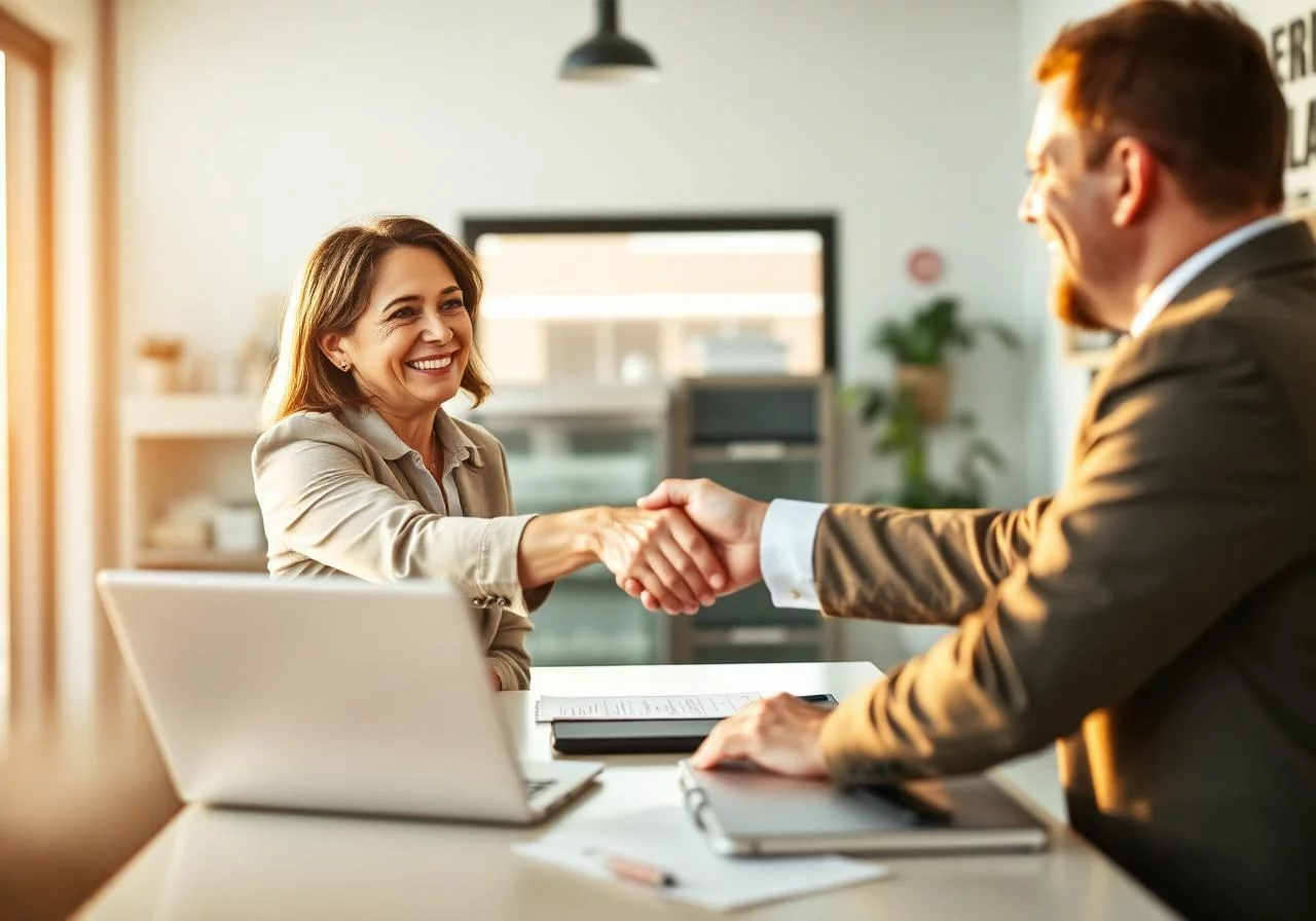 Bakersfield small business owner shaking hands with Wellspring lending advisor after loan approval