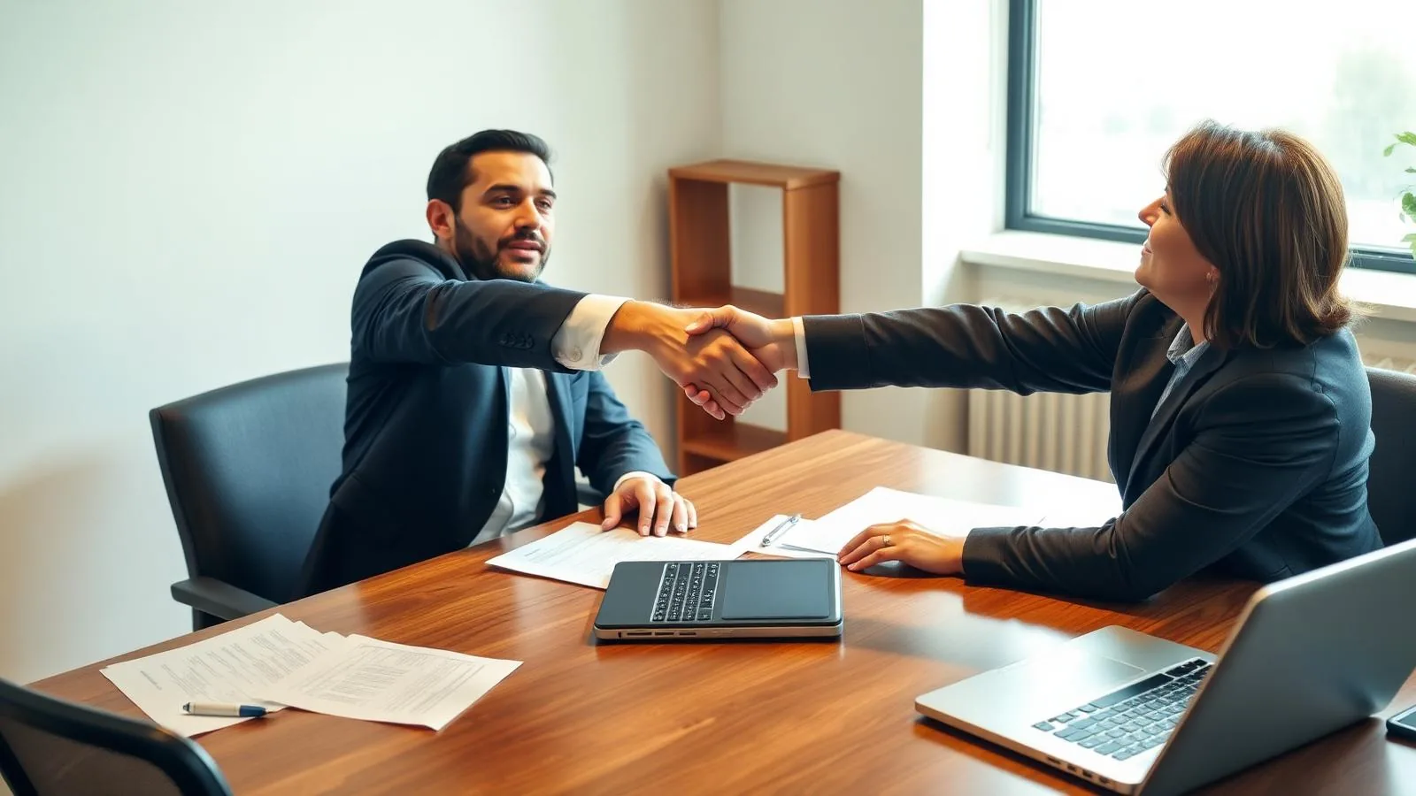 Loan advisor and El Paso business owner shaking hands across a desk
