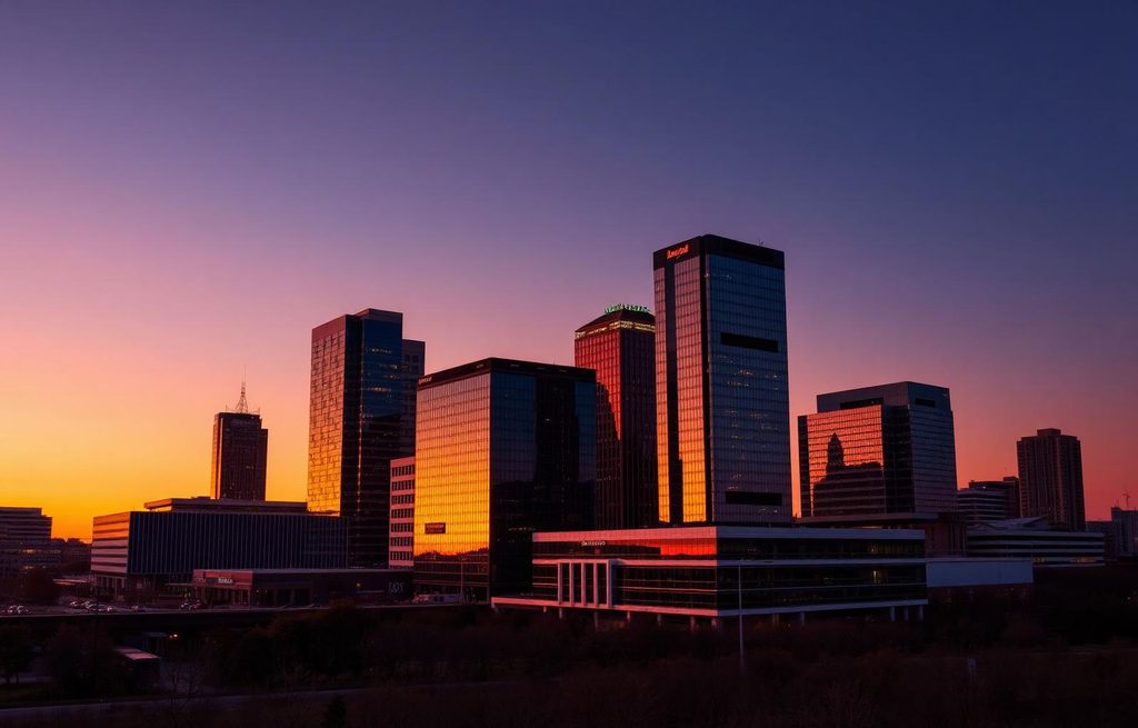 Arlington, TX skyline at golden hour