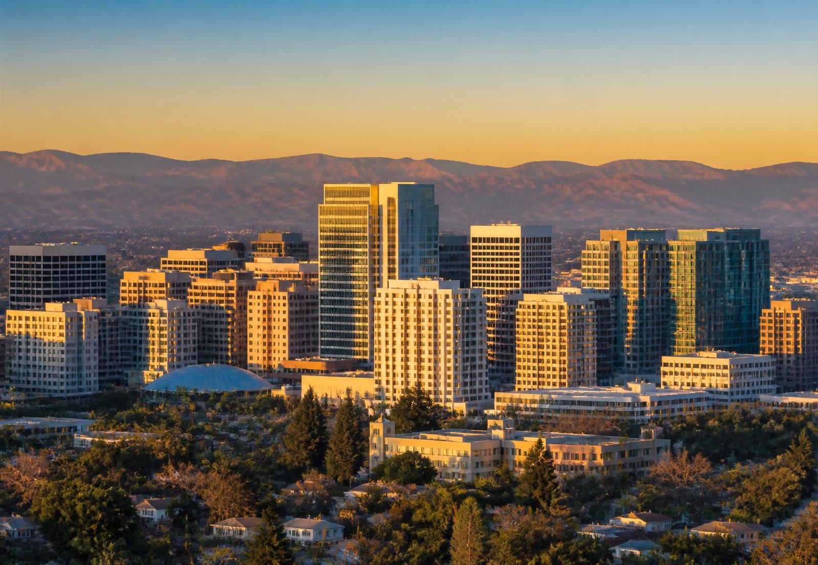 San Jose downtown skyline with the Santa Cruz mountains at golden hour