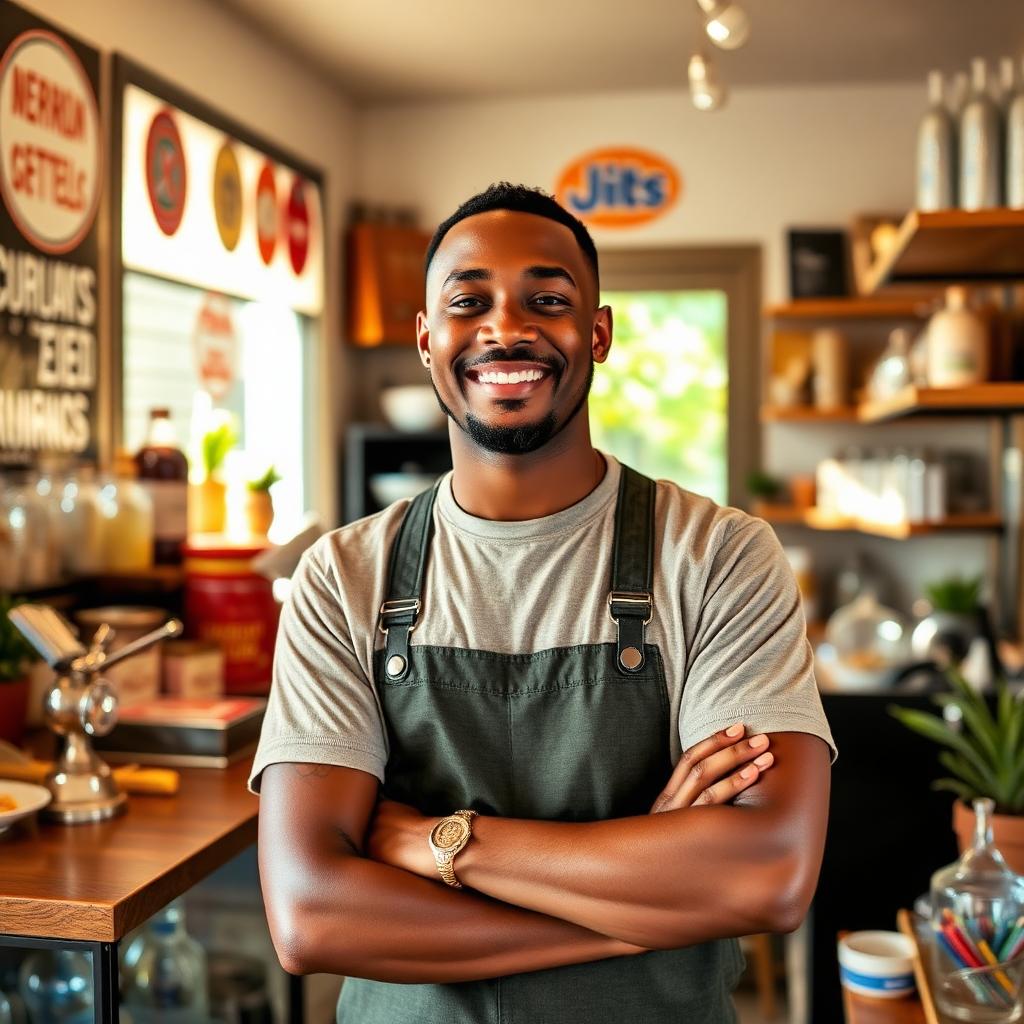 A California small business owner standing in front of his workshop